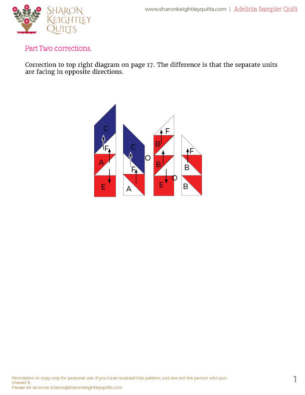 Adelicia Sampler Quilt Part Two changes to diagram on page 17 - Sharon Keightley Quilts